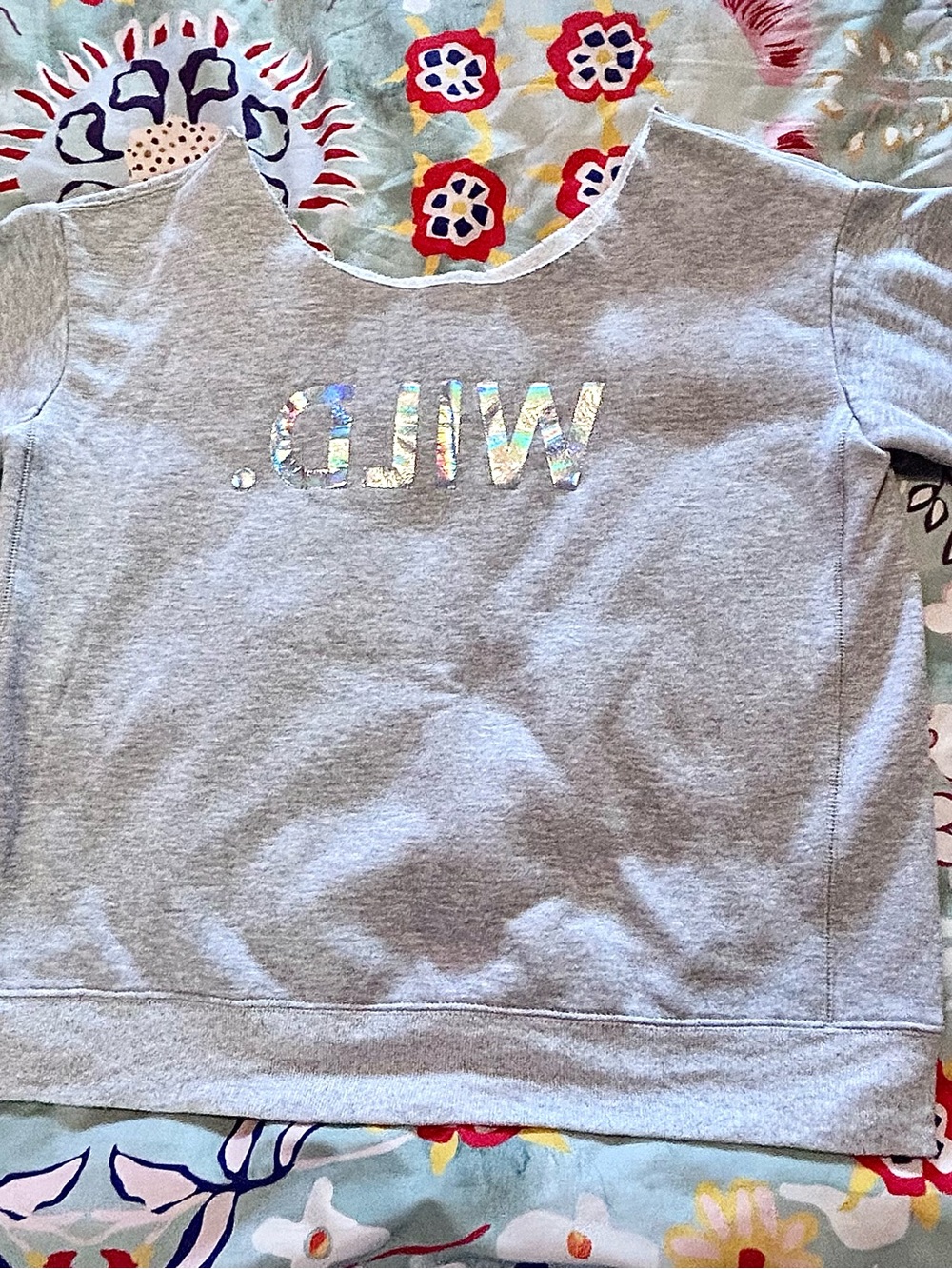 Wildfox Light Gray Off Shoulder Sweatshirt with Holographic WILD Logo